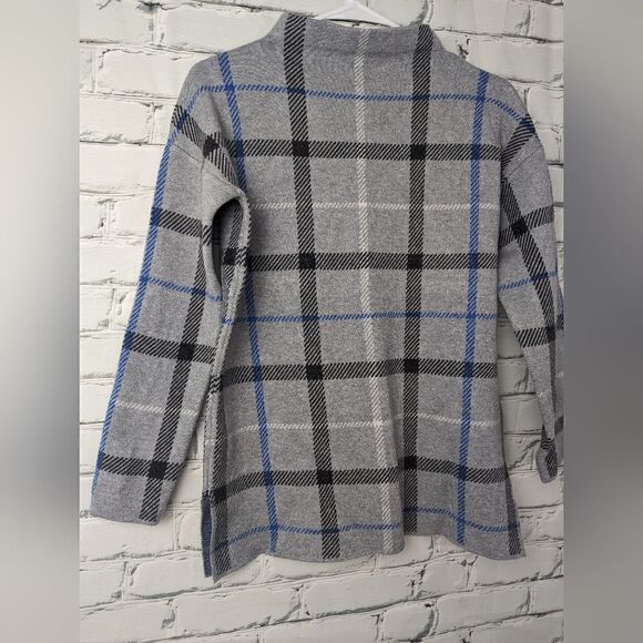 Adrienne Vittadini Knit top, mock neck plaid grey and blue xs - Picture 6 of 8